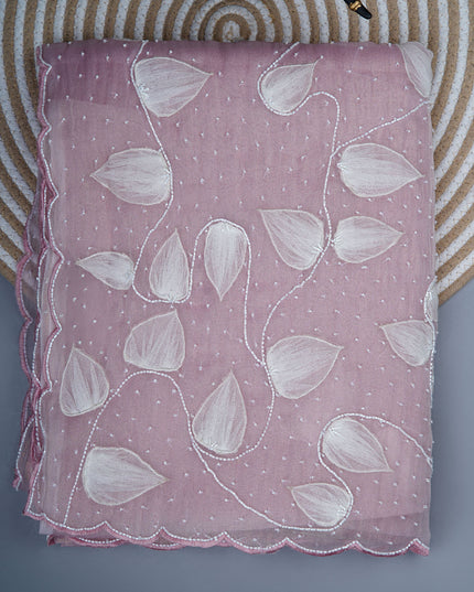 crush tissue saree with applique and kardhana work scallop border - Pink