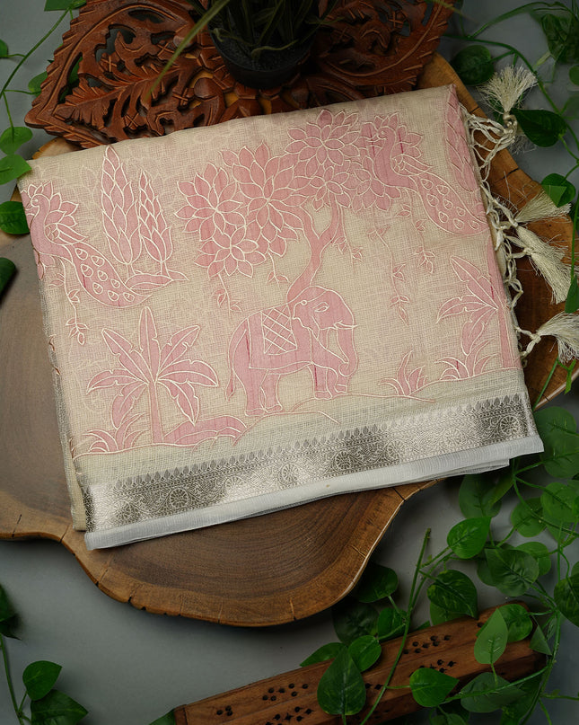 Silk Kota Saree with Mirror Work Applique Work with Silver Border- Pink