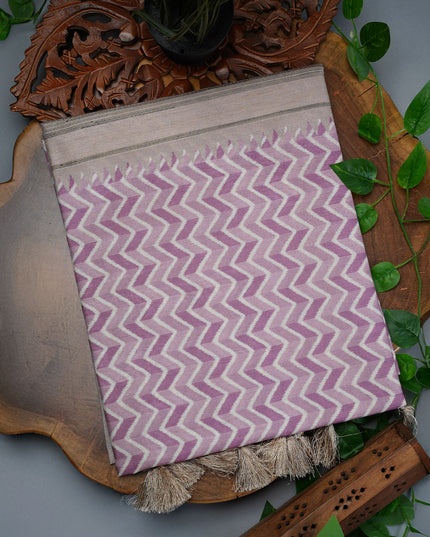 Tusser Silk Saree with Floral Print Border- Light Purple