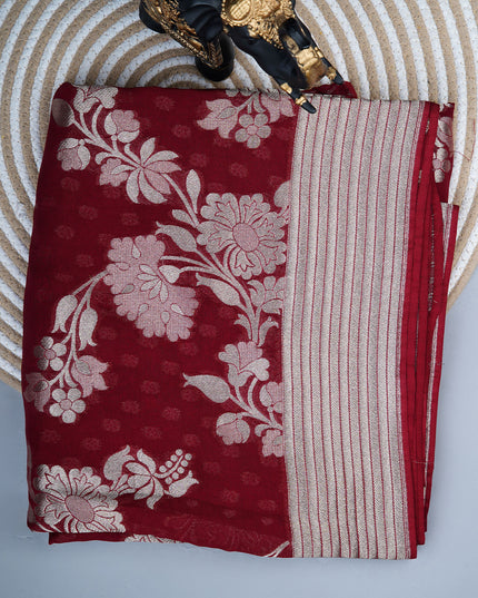 kaddi georgette saree with Allover weaving and golden zari border - Cherry Red