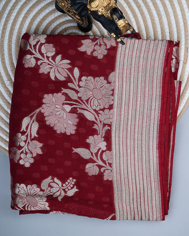 kaddi georgette saree with Allover weaving and golden zari border - Cherry Red