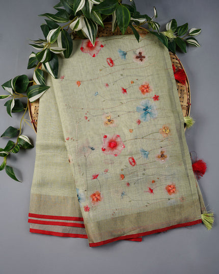 Linen Tissue Saree With Floral Print & Knot Work - Pista Green