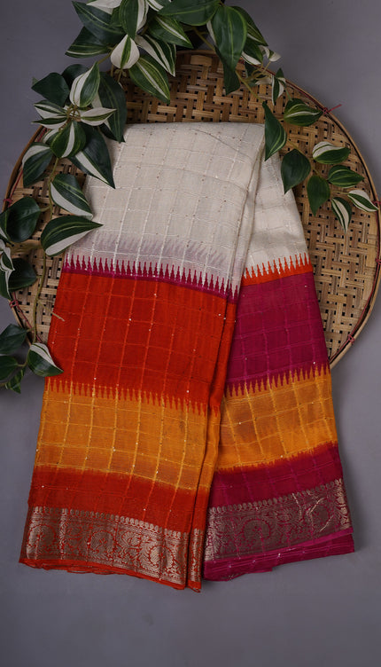 Chinon Silk Saree with Self Checks Dual Color & Zari Border - Multicolor