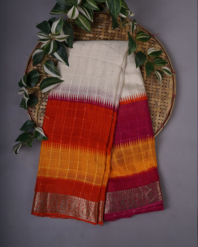 Chinon Silk Saree with Self Checks Dual Color & Zari Border - Multicolor