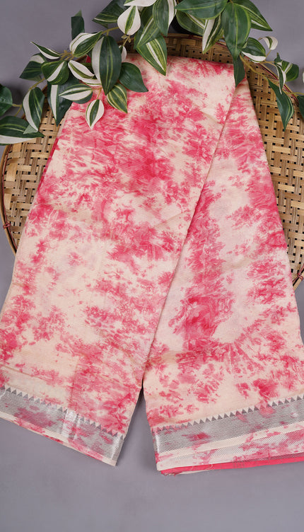Mangalagiri Shibori Silk With Silver Border - Creme & Pink