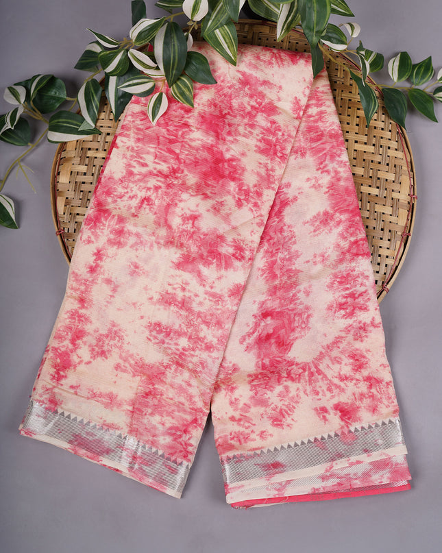 Mangalagiri Shibori Silk With Silver Border - Creme & Pink