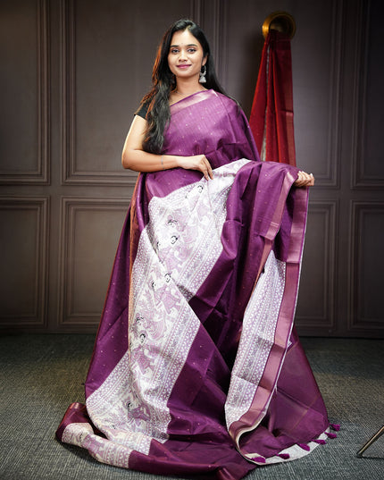 Tussar silk saree with madhubani print zari border - Wine
