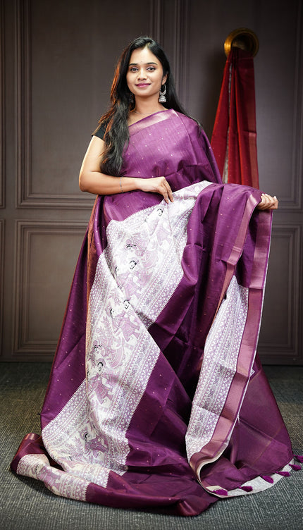 Tussar silk saree with madhubani print zari border - Wine