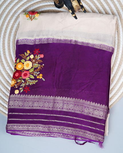 Chinnon Crape Saree French Knot Work Design and Golden Zari Gap Border Border - Cream