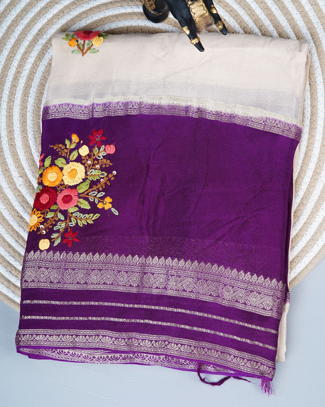 Chinnon Crape Saree French Knot Work Design and Golden Zari Gap Border Border - Cream