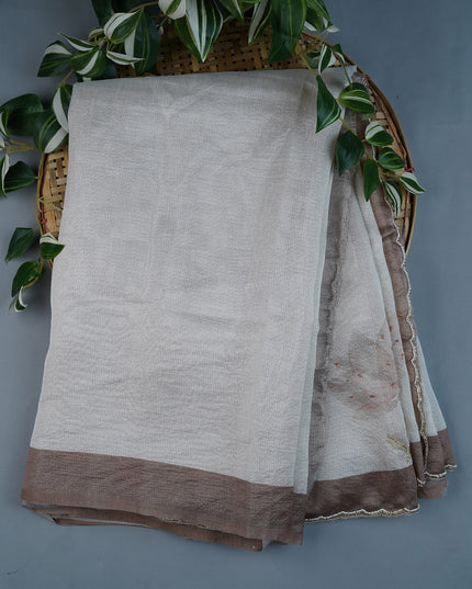 Tissue Lenin Floral Digital Print with Scallop Border Kardhana and Pearl Work- Brown