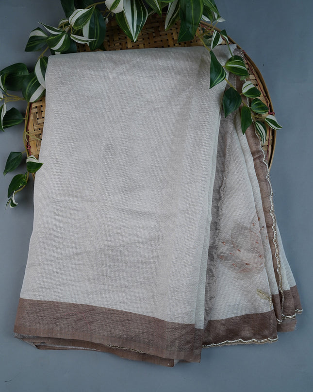 Tissue Lenin Floral Digital Print with Scallop Border Kardhana and Pearl Work- Brown