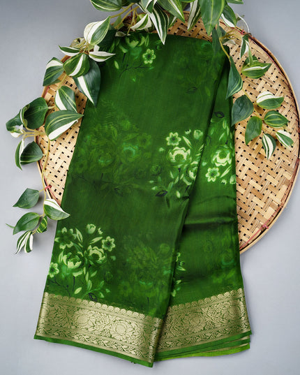 Binny Crepe Floral Print with Golden Zari Border- Green