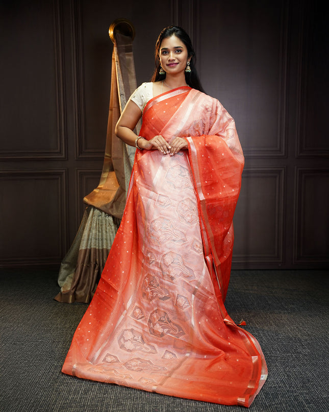 Silk Kota Saree With Golden Butties & Border - Peach