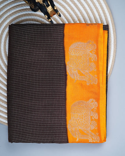 Green silk saree with all over golden zari  check weaving and contrast elephant border - Brown