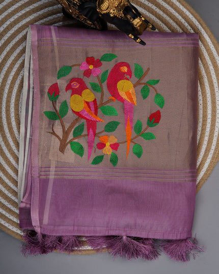 Soft organza saree with embroidered parrot motifs - Lavender