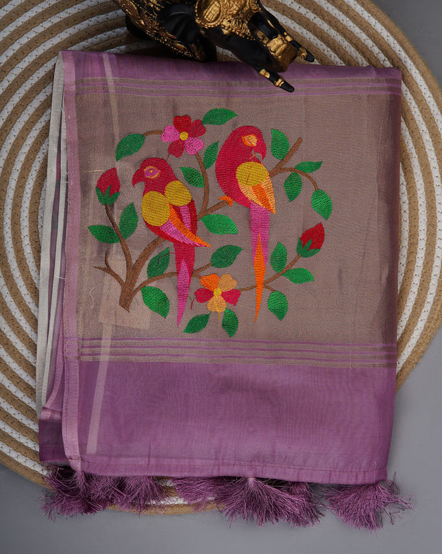 Soft organza saree with embroidered parrot motifs - Lavender