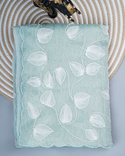 Crush tissue saree with applique and kardhana work scallop border - Sky Blue