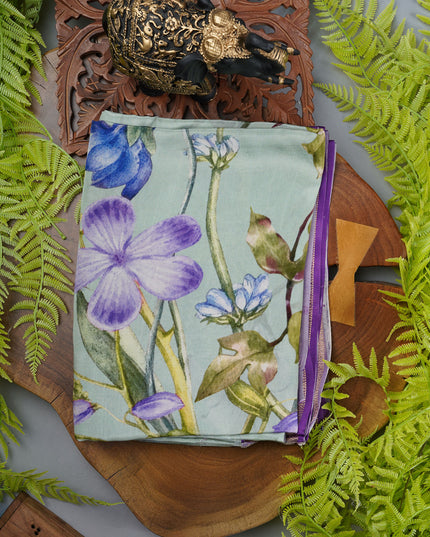 Binny Crepe Saree Floral Print With contrast Border - Lite Green