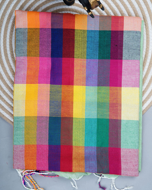 mulcotton saree with multicolored check pattern - Pista Green