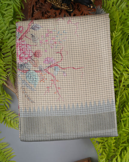 Tusser saree weaving checks floral print with golden border - Beige