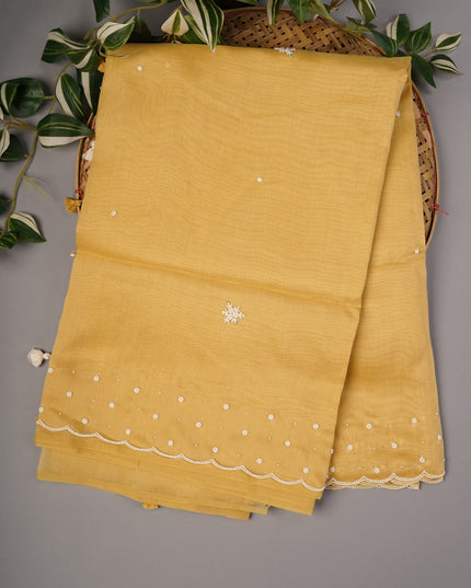 Jute Linen Tissue Pearl Work Buttis With Border - Tan