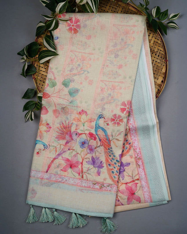 Linen Silk Saree With Floral Digital Print - Light Yellow