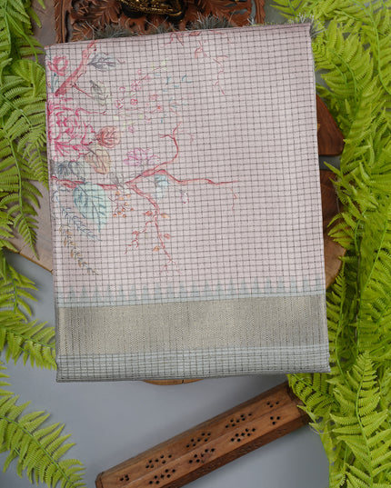 Tusser silk saree with weaving checks and zari border - Lite Pink