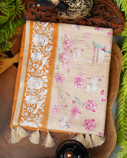 Tusser Silk saree with Parce Work Border - Mustered