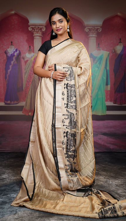 Munga Silk Saree With Digital Print Golden Zari Border - Beige