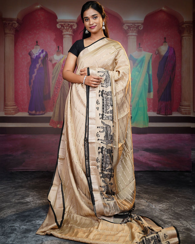 Munga Silk Saree With Digital Print Golden Zari Border - Beige