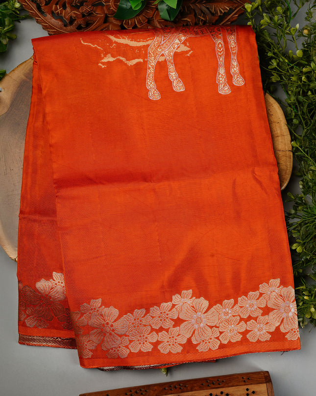 Banaras Silk Saree With Gold & Silver Zari Buttis and Border - Rust
