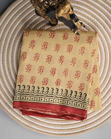 Mul Cotton Saree with  Block Printed and conratst border - Beige