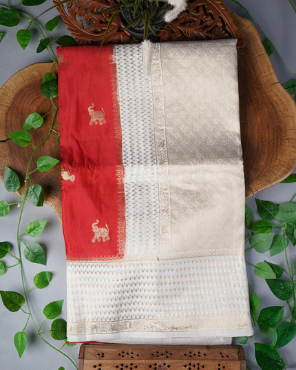 Dola Silk Saree with Golden Butties and Contrast Border- Red