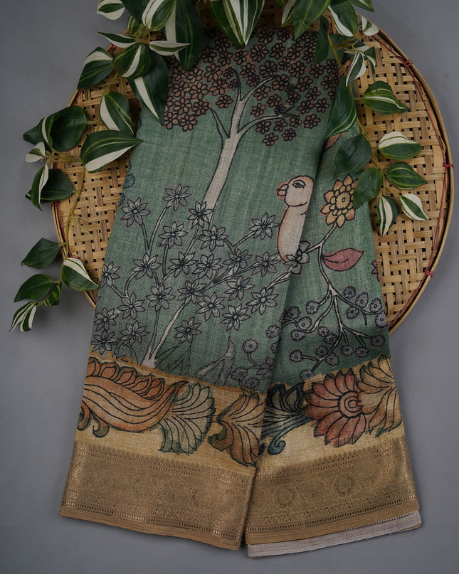 Tusser Kalamkari with Kanchi Border- Sage Green