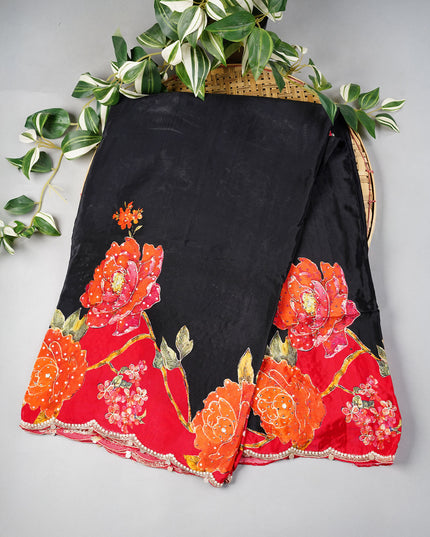 Crepe Saree With Floral Print Scallop Border Kardana Sequence Work - Black