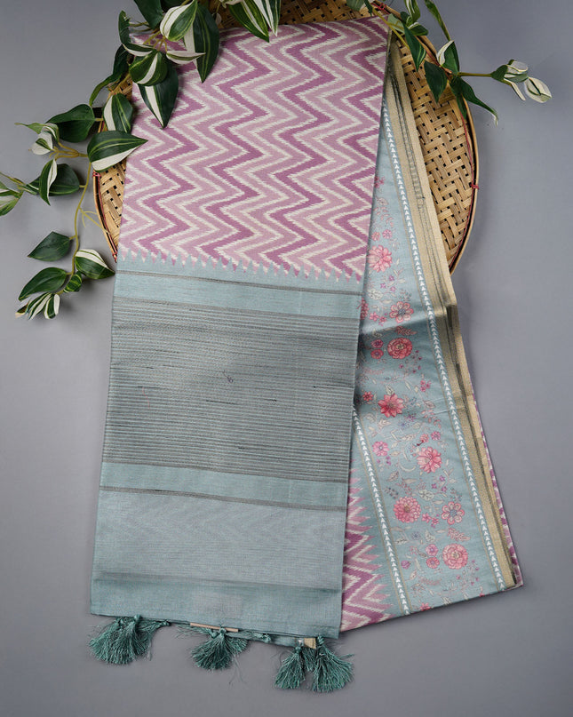 Tusser Silk Saree with Floral Print Border- Light Pink