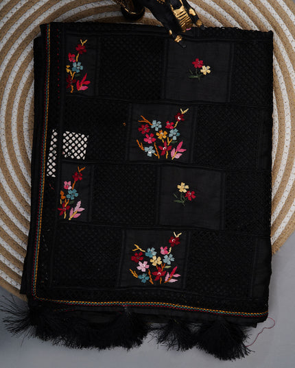 Semi Tusser silk saree With Lambani Hand Work and cut work Design Cut Border - Black