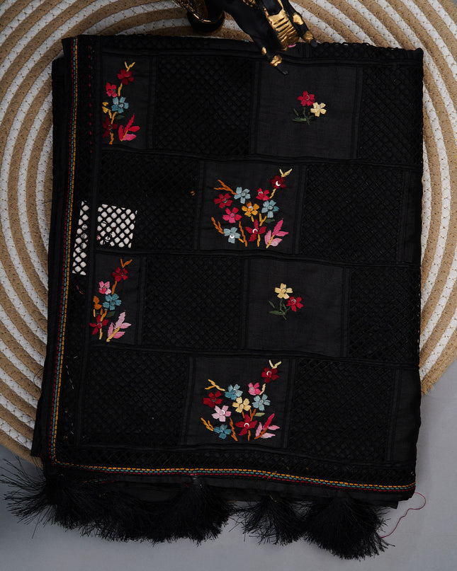Semi Tusser silk saree With Lambani Hand Work and cut work Design Cut Border - Black