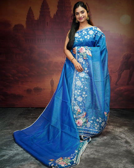 Silk Kota Saree With Applique And Thread Work With Lace Border - Peacock Blue