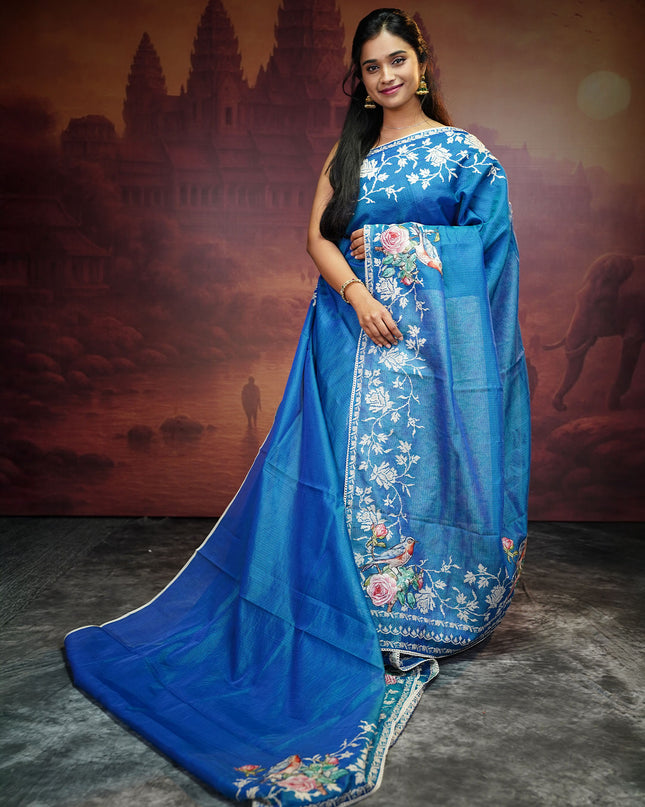 Silk Kota Saree With Applique And Thread Work With Lace Border - Peacock Blue