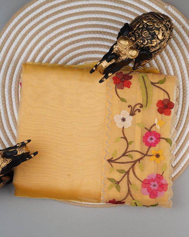 Soft tissue Organza saree with Thread work and scallop border - Yellow