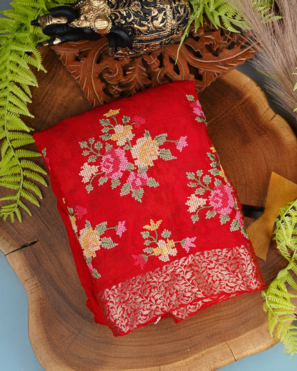 Wrinkle Crepe Saree with Thread Embroidery Work and Golden Zari Border- Red