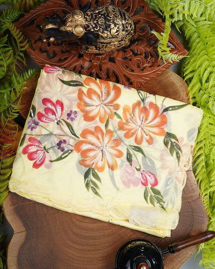 Italian Crape Saree with Floral Print and Kardhana Pearl Work with Scallop Border- Light Yellow