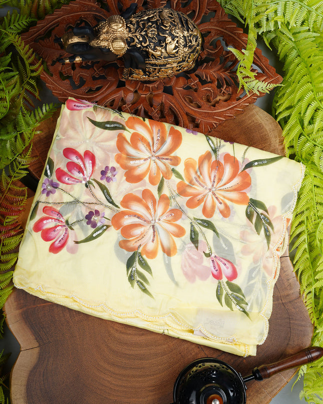 Italian Crape Saree with Floral Print and Kardhana Pearl Work with Scallop Border- Light Yellow