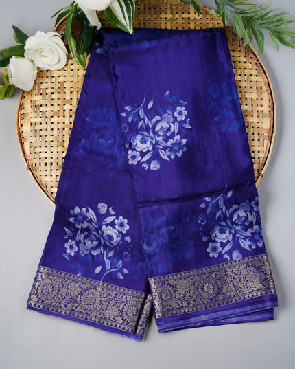 Binny Crepe Floral Print with Golden Zari Border- Royal Blue