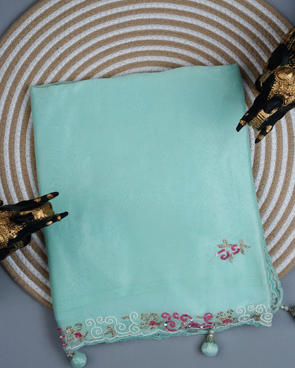 Russian crepe saree with Kardhana sequence butties and scallop border - Mint Green