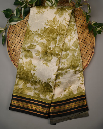 Mangalagiri Silk With Floral Print Contrast Border - Green