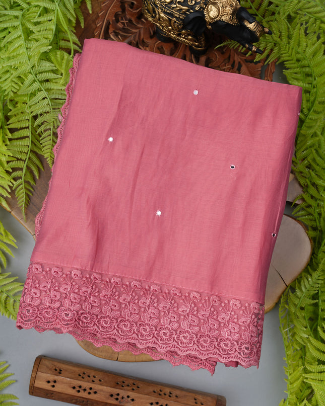 Mul Chanderi saree with Mirror work and lace Border - Onion Pink