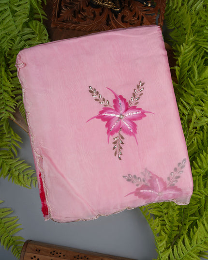 Russian Silk Saree Hand Painting Design With Kardana & Sequence Work Scallop Border - Pink